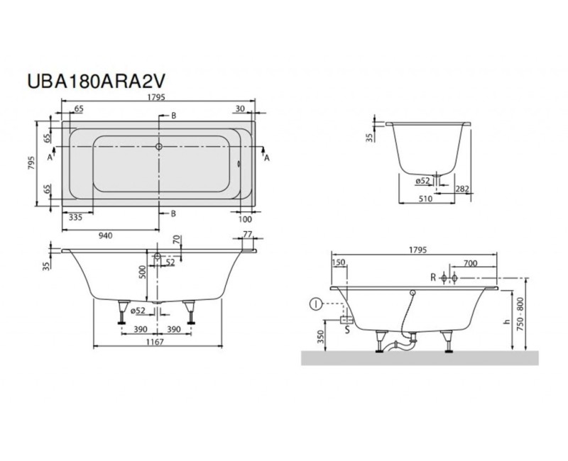 Villeroy & Boch Architectura Bathtub Duo, акрил, 180x80cm, white UBA180ARA2V-01