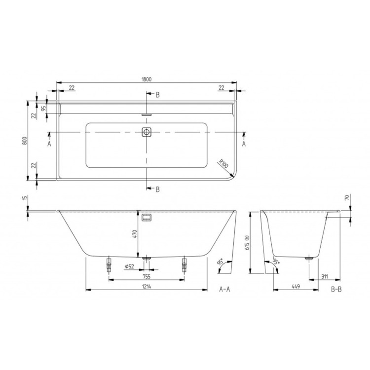 Vanna Villeroy & Boch Collaro 180x80cm Akrila, ar paneli, noteku un pārplūdes komplektu, balta UBA180COR9CL00VD01