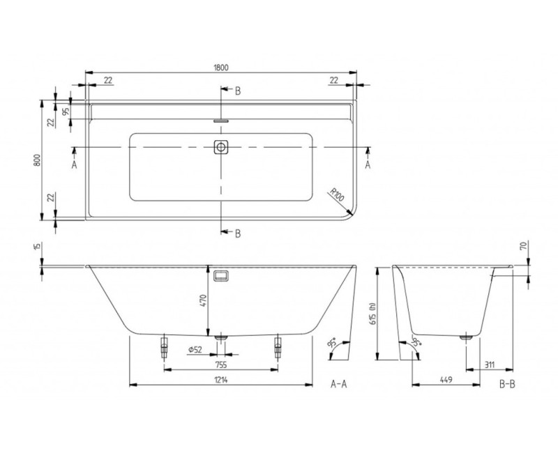 Ванна Villeroy & Boch Collaro 180x80 см, акрил, с панелью, сливом и переливом, белая UBA180COR9CL00VD01