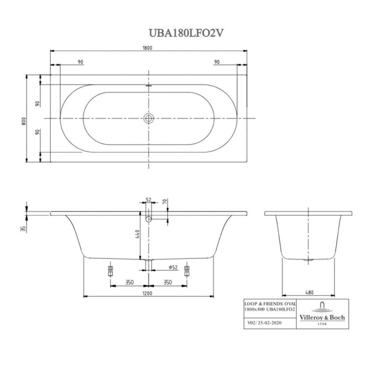 Vanna Villeroy & Boch Loop&Friends 180x80cm, Akrila, balta UBA180LFO2V-01 Vanna Villeroy & Boch Loop&Friends 180x80cm, Akrila, balta UBA180LFO2V-01