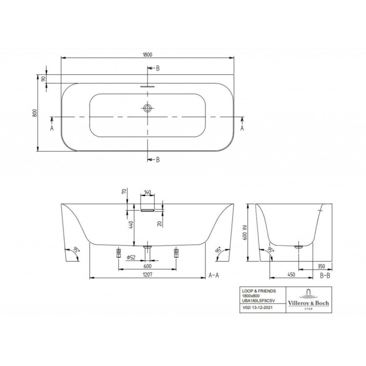 Vanna Villeroy & Boch Loop&Friends 180x80 cm, Lietais Akrils, Alpu balta UBA180LSF9CS00V-01