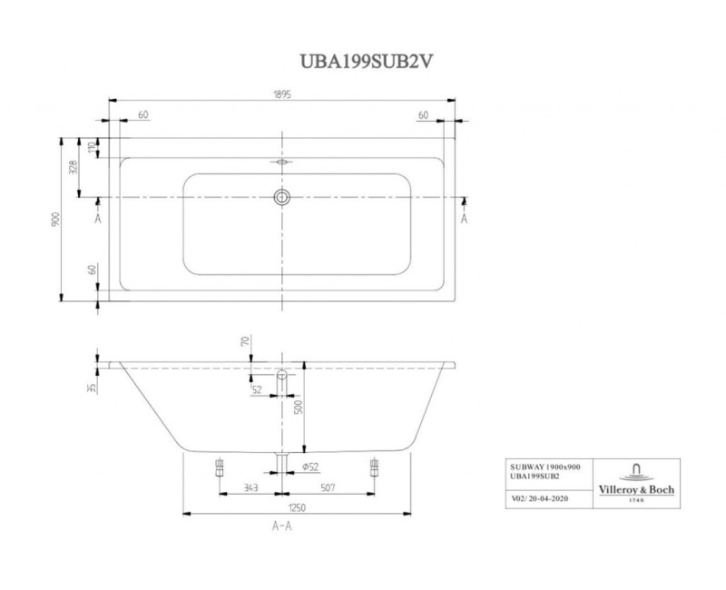 Vanna Villeroy & Boch Subway 190x90cm, Akrils, Alpu balta UBA199SUB2V-01