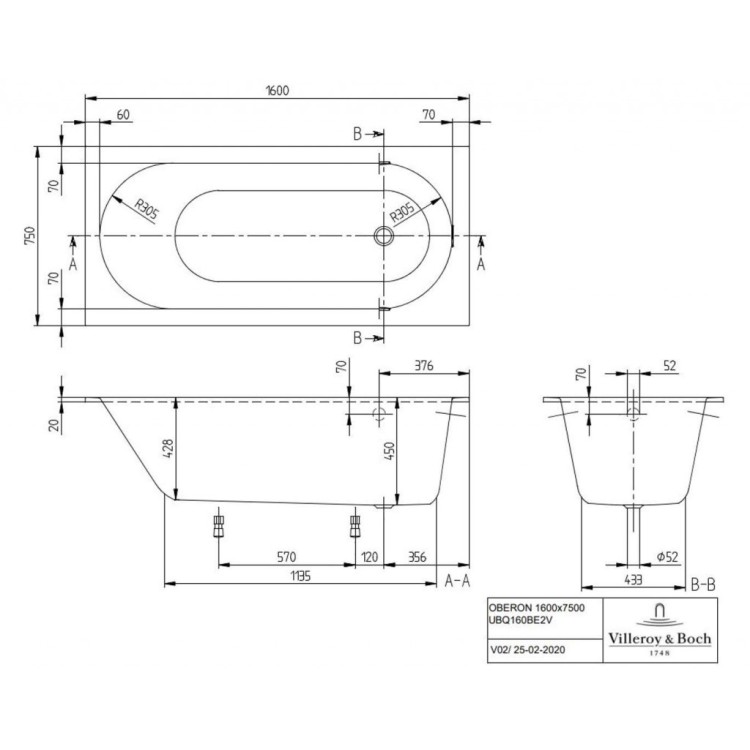 Ванна Villeroy & Boch Oberon 160x75 см, Quaryl, альпийский белый UBQ160OBE2V-01