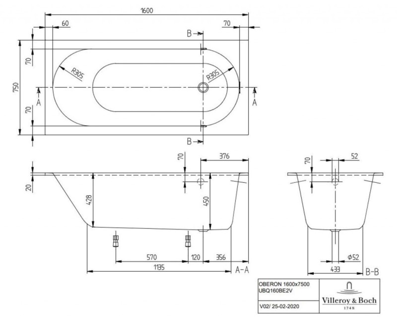 Vanna Villeroy & Boch Oberon 160x75 cm, Quaryl, Alpu balta UBQ160OBE2V-01