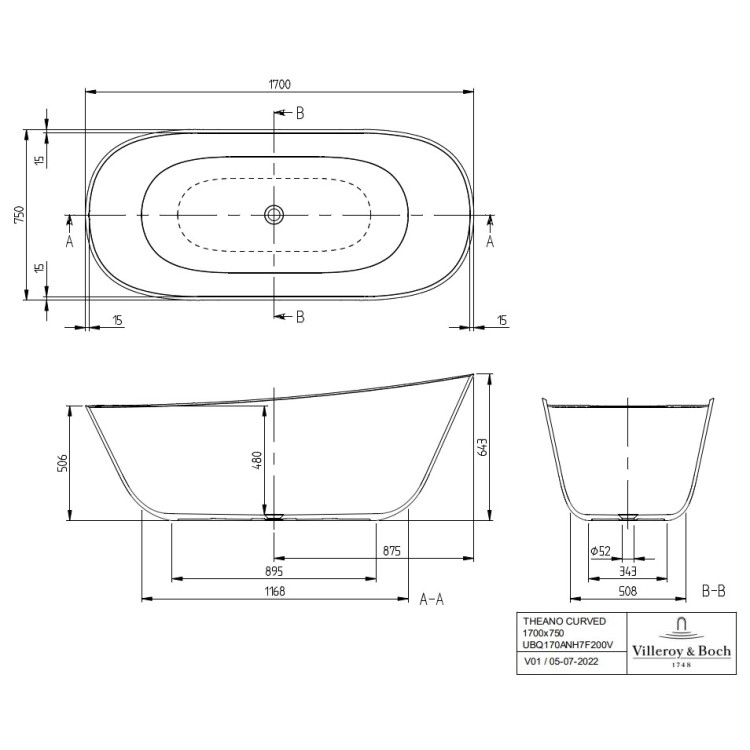 Brīvi stāvošā vanna Villeroy & Boch Theano Quaryl®, 170x75cm, Alpu balta UBQ170ANH7F200V-01 Brīvi stāvošā vanna Villeroy & Boch Theano Quaryl®, 170x75cm, Alpu balta UBQ170ANH7F200V-01