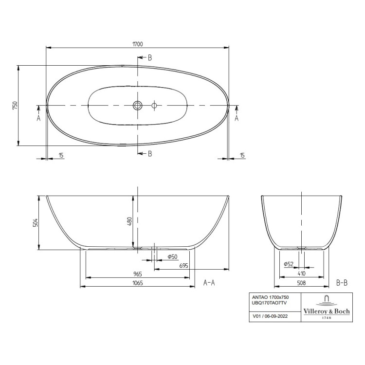Brīvi stāvošā vanna Villeroy & Boch Antao 170x75cm,  Quaryl®, SilentFlow, Alpu balta UBQ170TAO7TV-01