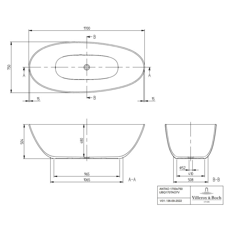 Vanna Villeroy & Boch Architectura Antao 170x75cm, Quaryl® (Lietais marmors), Balts UBQ170TAO7V-01 Vanna Villeroy & Boch Architectura Antao 170x75cm, Quaryl® (Lietais marmors), Balts UBQ170TAO7V-01