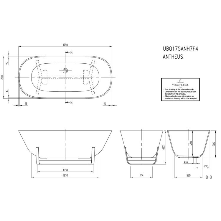 Brīvi stāvošā vanna Villeroy & Boch 175x80cm, Quaryl®, Alpu balta UBQ175ANH7F400V-01 Brīvi stāvošā vanna Villeroy & Boch 175x80cm, Quaryl®, Alpu balta UBQ175ANH7F400V-01