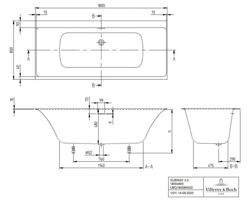 Vanna Villeroy & Boch Subway 3.0 180x80cm, Quaryl, Alpu balta UBQ180SBW2DV-01