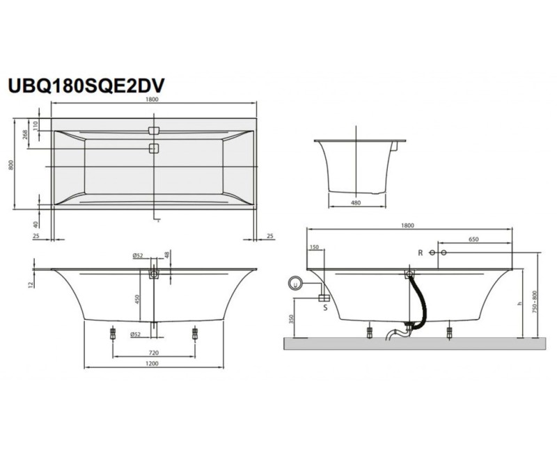 Ванна Villeroy & Boch Squaro Edge 12 Duo, 1800x800 мм, с сифоном, на ножках, Quaryl® белый