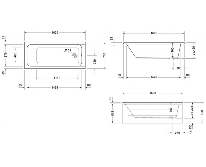 Ванна Duravit D-Code, 160x70см, акрил, белая 700096000000000
