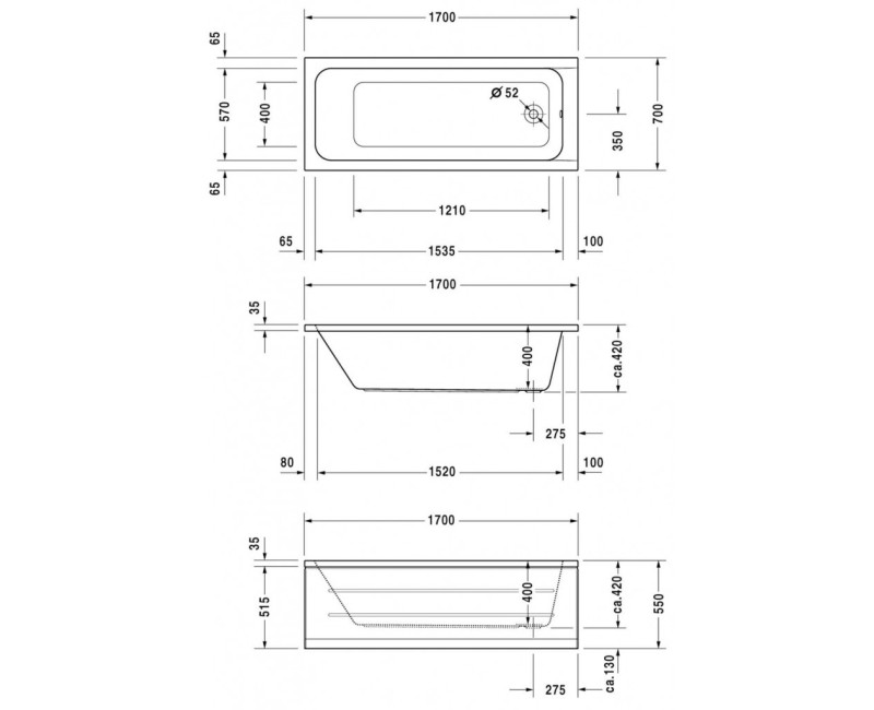 Vanna Duravit D-Code, 170x70cm, akrils, balts 700098000000000