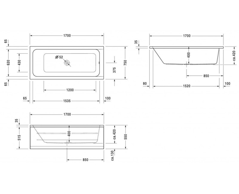 Vanna Duravit D-Code, 170x75cm, akrils, balts 700099000000000