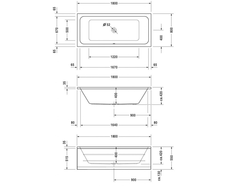 Vanna Duravit D-Code, 180x80cm, akrils, balts 700101000000000