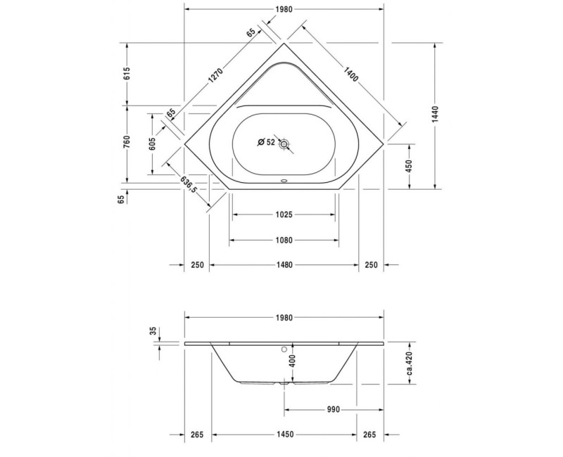 Ванна Duravit D-Code, 140x140см, акрил, белая 700137000000000