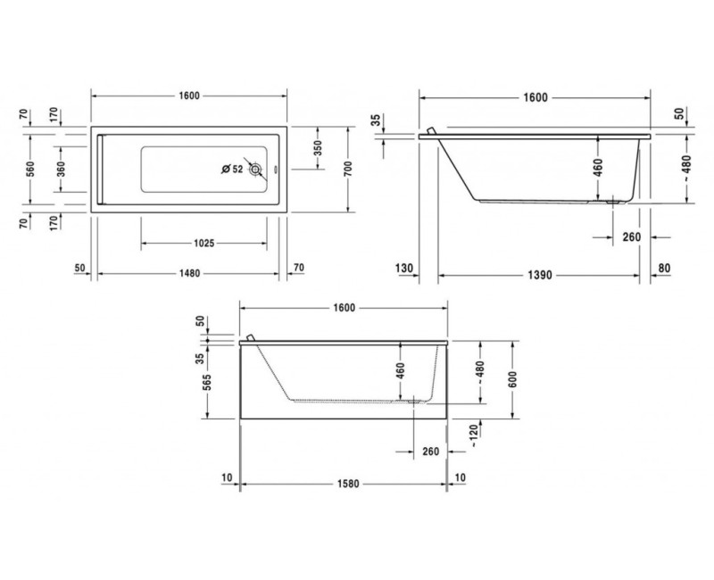 Ванна Duravit Starck, 160x70см, акрил, белая 700333000000000