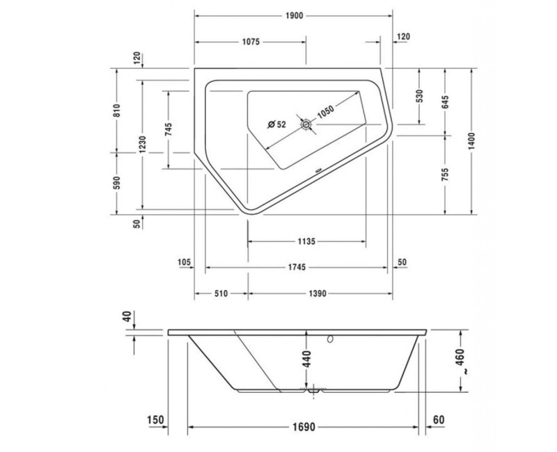 Ванна Duravit Paiova 5, 190x140см, акрил, левая, белая 700392000000000