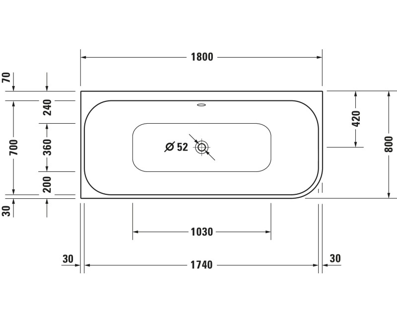 Ванна Duravit Happy D.2 Plus, 180x80см, акрил, левая, белая/матовый графит 700449800000000