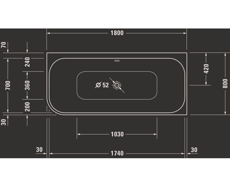 Ванна Duravit Happy D.2 Plus, 180x80см, акрил, правая, белая/матовый графит 700450800000000