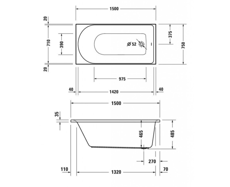 Ванна Duravit D-Neo, 150x75см, акрил, белая 700471000000000