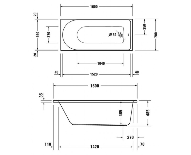 Ванна Duravit D-Neo, 160x70см, акрил, белая 700472000000000