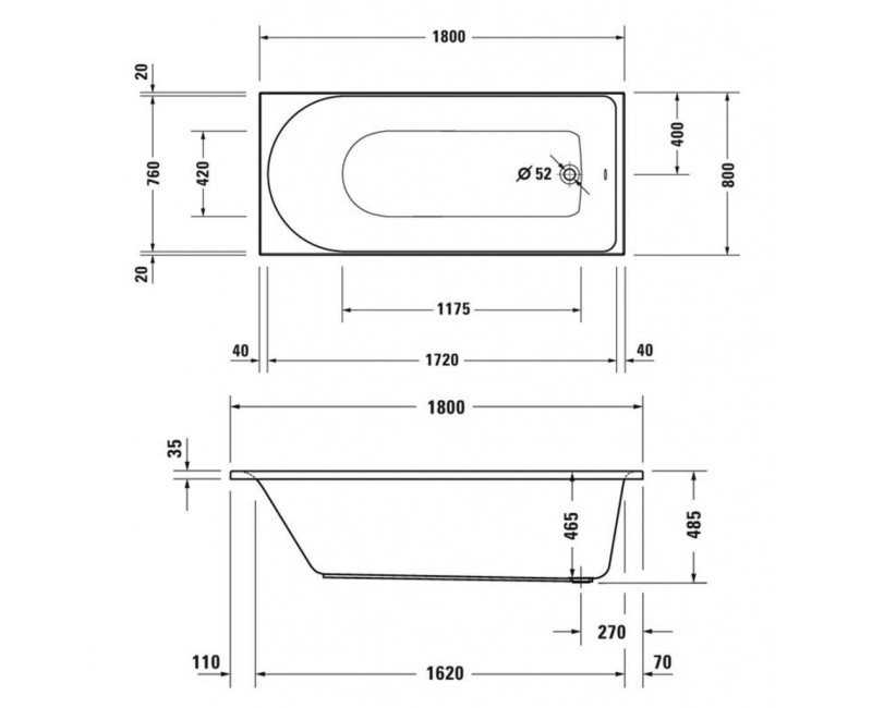 Ванна Duravit D-Neo, 180x80см, акрил, белая 700475000000000