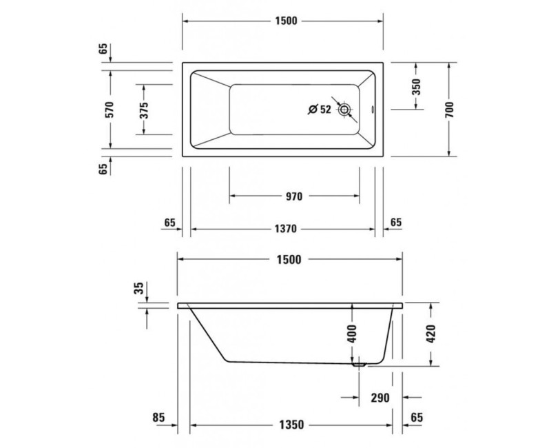 Ванна Duravit No.1, 150x70см, акрил, белая 700487000000000