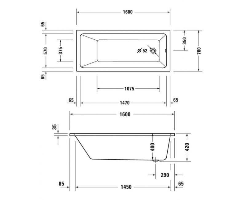 Ванна Duravit No.1, 160x70см, акрил, белая 700488000000000