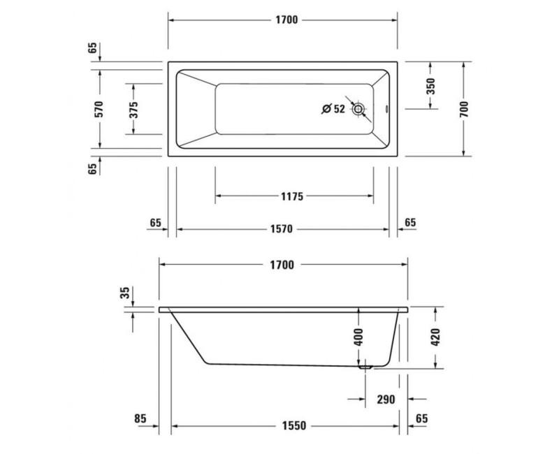 Ванна Duravit No.1, 170x70см, акрил, белая 700489000000000