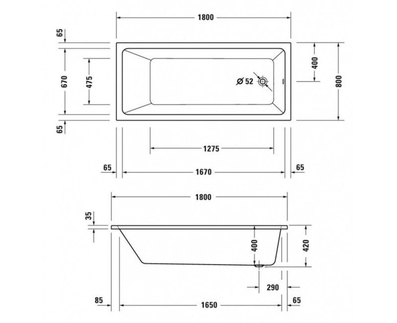 Ванна Duravit No.1, 180x80см, акрил, белая 700491000000000