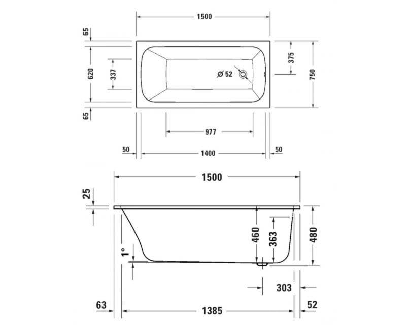 Ванна Duravit Qatego, 150x75см, акрил, белая 700609000000000