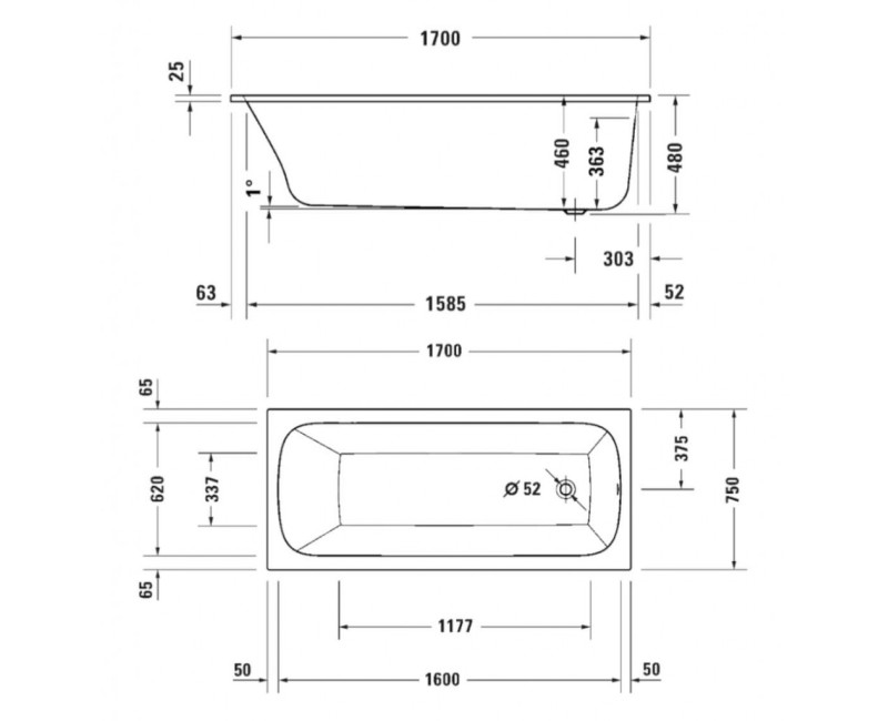 Ванна Duravit Qatego, 170x75см, акрил, белая 700612000000000