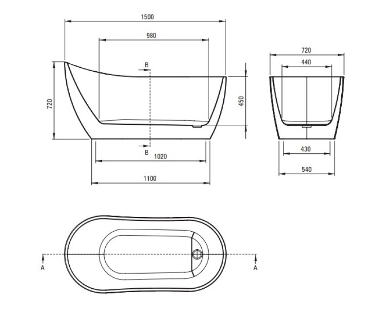 Brīvi stāvošā vanna Deante Arnika Asimetriska, Lietā akrila 150x72cm