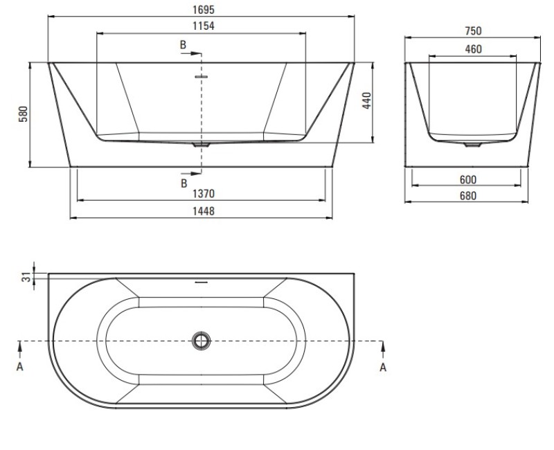 Brīvi stāvošā vanna Deante Silia sienas Lietā akrila Labā 170cm