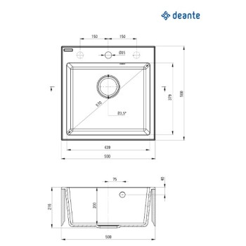 Virtuves izlietne Deante EVORA granīta 500x500X216mm Melna grafīta