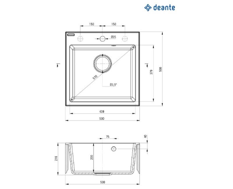 Кухонная мойка Deante EVORA 500х500х216мм Алебастр белый
