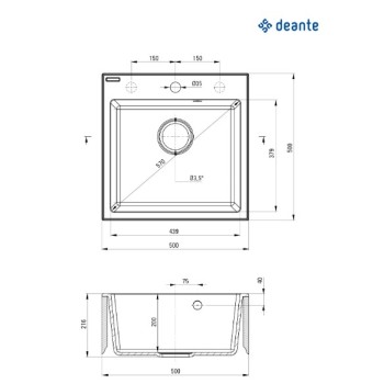 Virtuves izlietne Deante EVORA granīta 500x500X216mm Melna grafīta