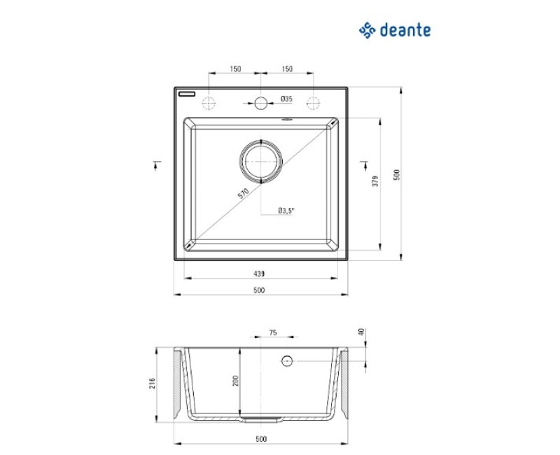 Virtuves izlietne Deante EVORA 500x500X216mm Melna grafīta