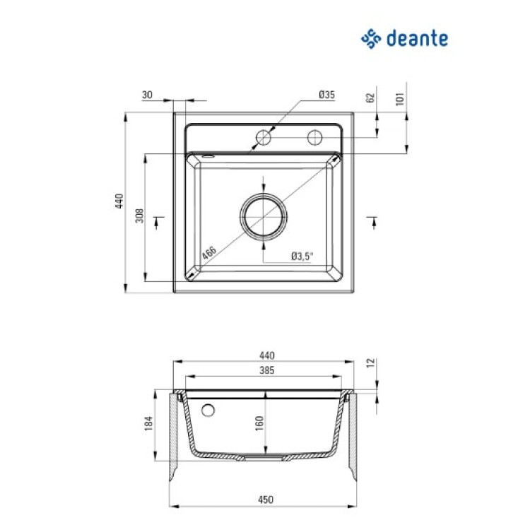 Virtuves izlietne Deante ZORBA 440x440x184mm Melna grafīta Virtuves izlietne Deante ZORBA 440x440x184mm Melna grafīta