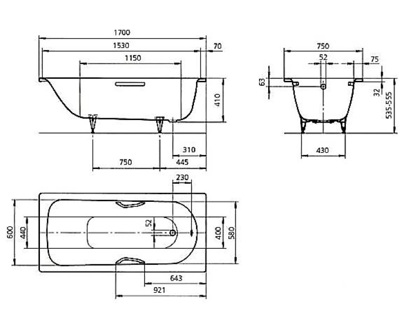 Ванна Kaldewei Saniform Plus, 1700x750 мм, со звукоизоляцией, белая сталь