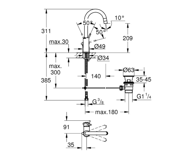 Смеситель для раковины для ванной Grohe Start Classic, с выдвижным механизмом, хром
