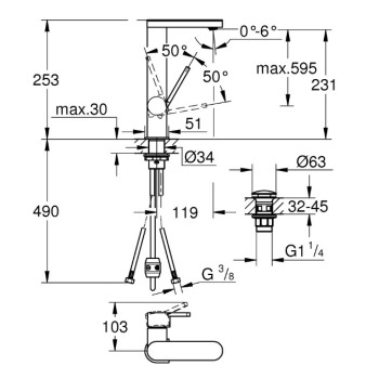 Смеситель для раковины Grohe Plus L с клапаном Push-Open, хром 23844003