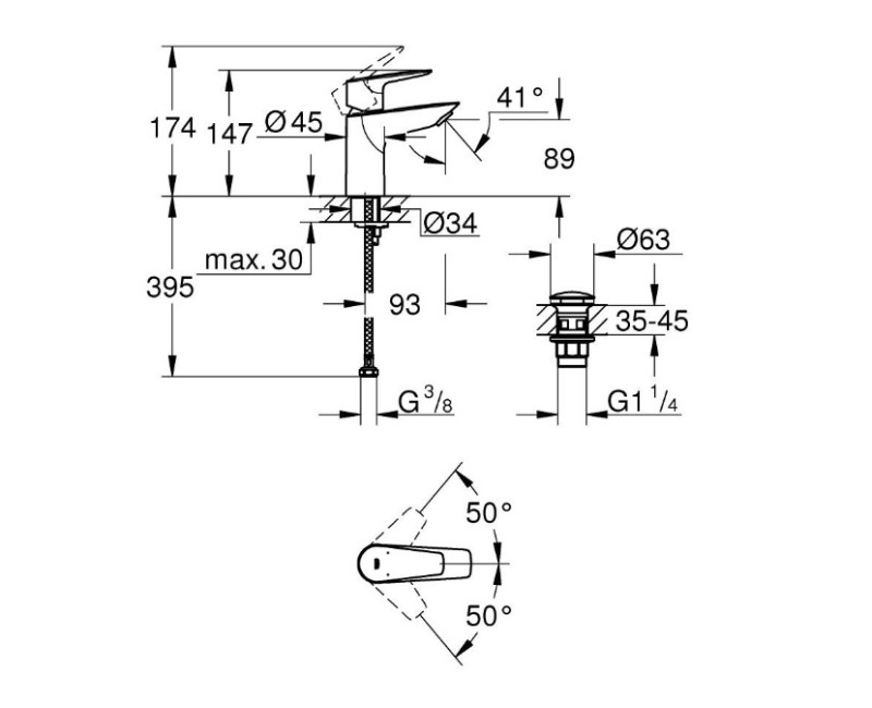 Смеситель для раковины для ванной Grohe Start Edge S, с нажимным механизмом, хром