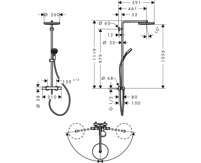 Душевая система Hansgrohe Pulsify 260 1 струя с термостатом Ecostat Тонкий и ручной душ 3 струи, хром
