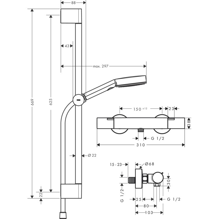 Dušas sistēma Hansgrohe Ecostat Fine ar dušas kompl. Pulsify Select S 105 3jet Relaxation EcoSmart, hroms Dušas sistēma Hansgrohe Ecostat Fine ar dušas kompl. Pulsify Select S 105 3jet Relaxation EcoSmart, hroms