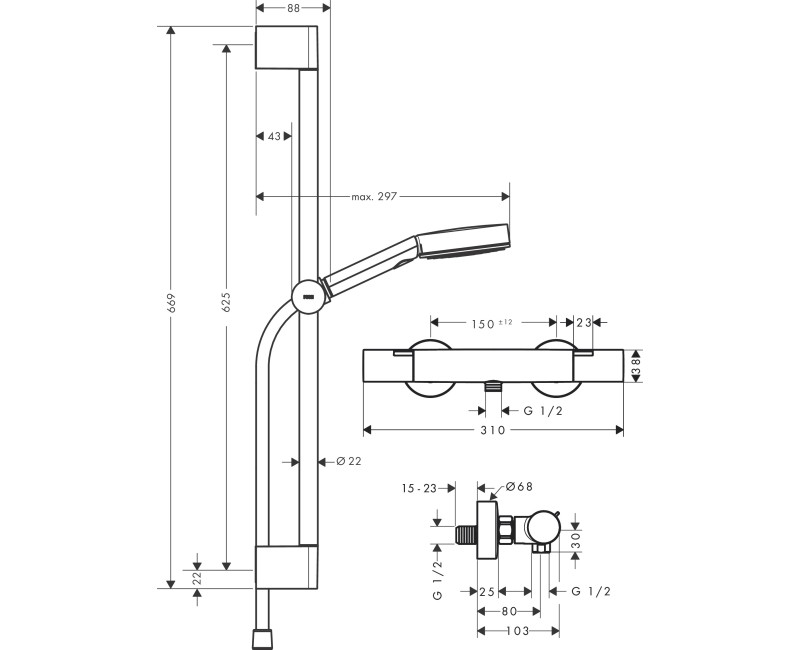 Душевая система Hansgrohe Ecostat Fine с душем в комплекте. Pulsify Select S 105 3jet Relaxation EcoSmart, хром