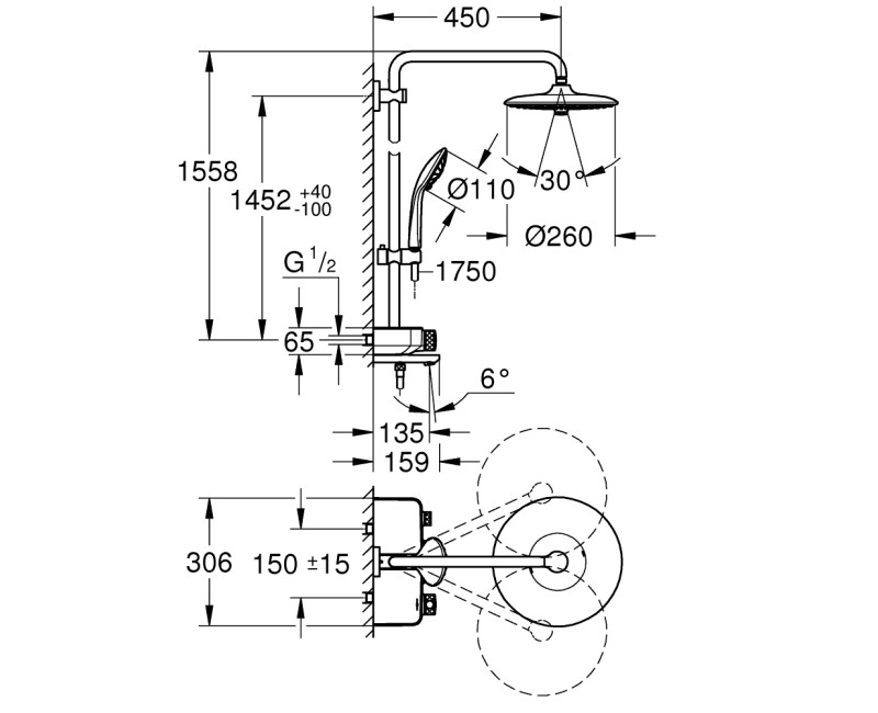 Dušas sistēma Grohe ar vannas termostatu SmartControl Euphoria Mono 260, hroms
