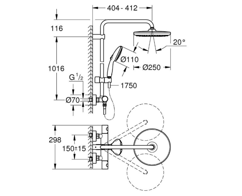 Душевая система Grohe с термостатом Tempesta 250, с ручным душем Tempesta 110, матовый черный