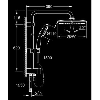 Dušas sistēma Grohe  bez termostata ar pārslēdzēju Vitalio Start 250, Hromēts