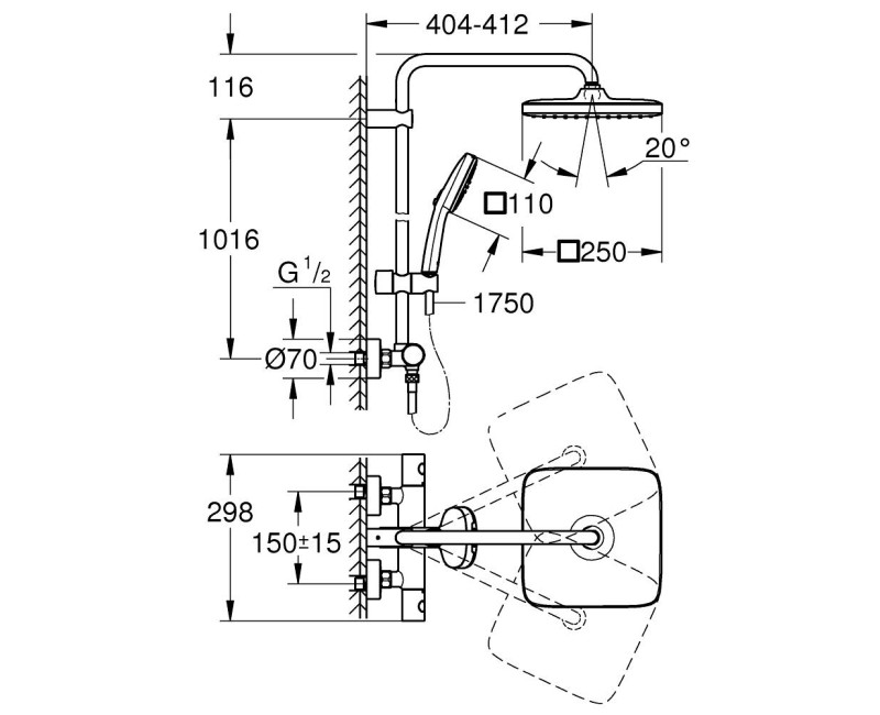 Душевая система Grohe Tempesta 250 Cube, с термостатом и ручным душем Tempesta 110, хром